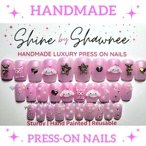 Handmade Luxury Press-On Nails | Sturdy & Reusable | KUROMI PINK & PEARLS